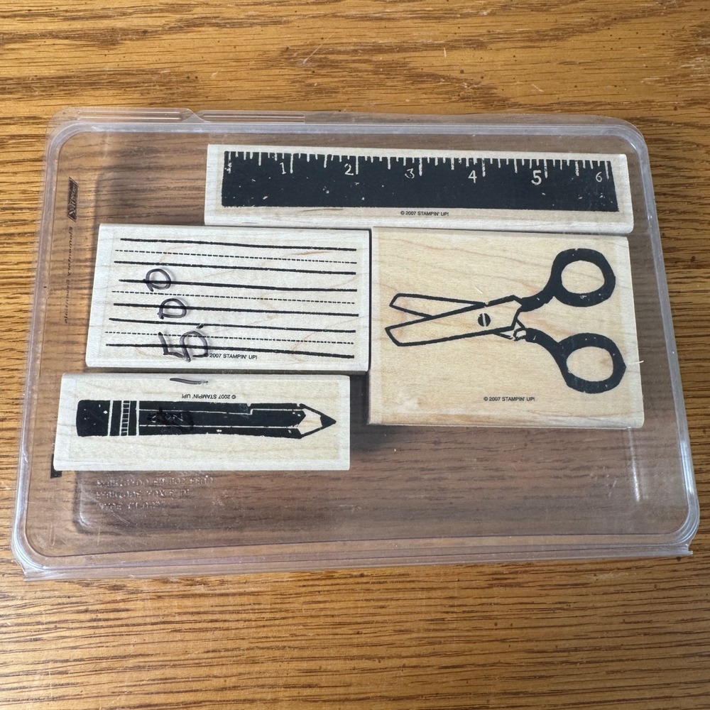 Stampin Up Elementary Essentials Wood Mount Rubber Stamp Set of 4 School Ruler